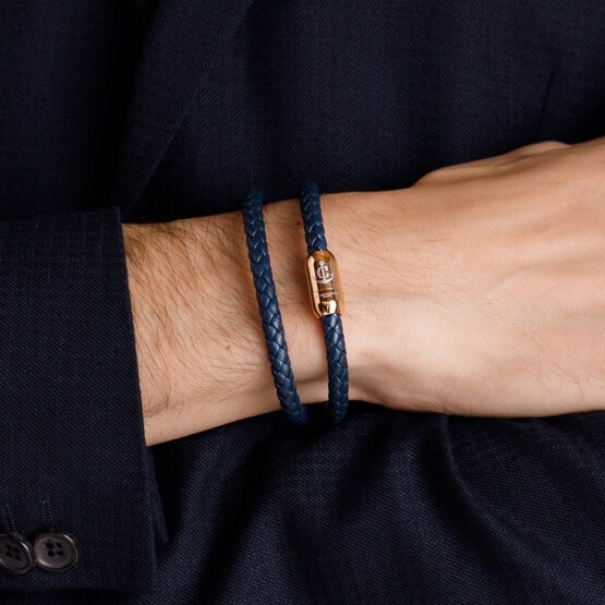 Синий мужской кожаный браслет на магнитной застёжке № 10050