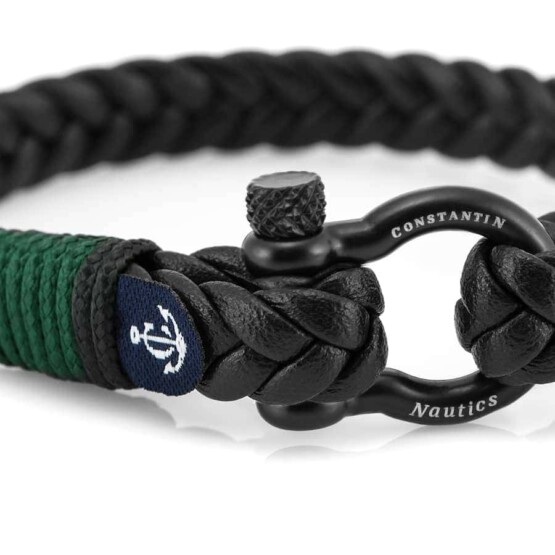 Кожаный стильный мужской чёрно-зелёный браслет — Jack Tar 10096